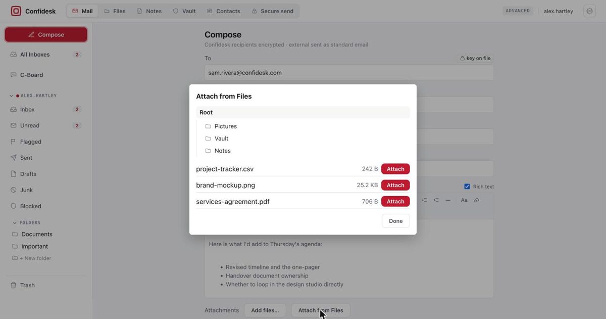 The Attach from Files dialog listing folders and files from encrypted storage with Attach buttons