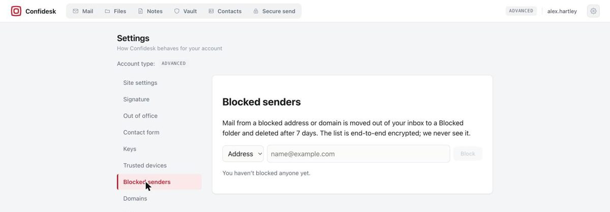 Blocked senders settings page with an address/domain selector and Block button