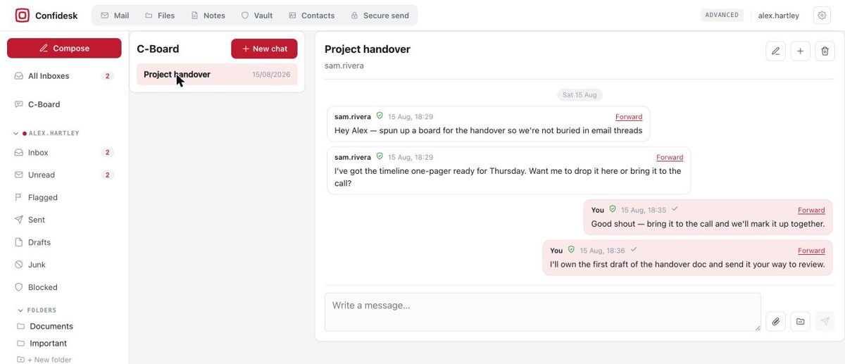 C-Board chat view: a chat list on the left and a conversation with verified messages and read ticks on the right