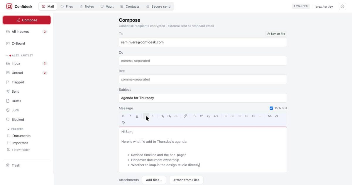 Confidesk compose window with the Rich text toolbar enabled and a bulleted list in the message