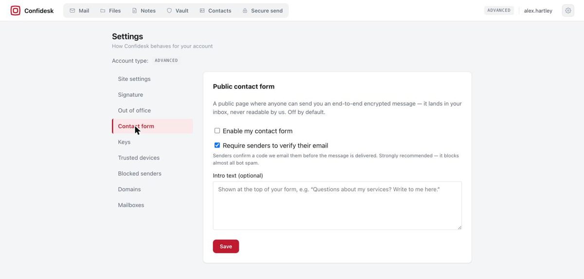 Settings page for the public contact form: enable toggle, require sender verification, and intro text