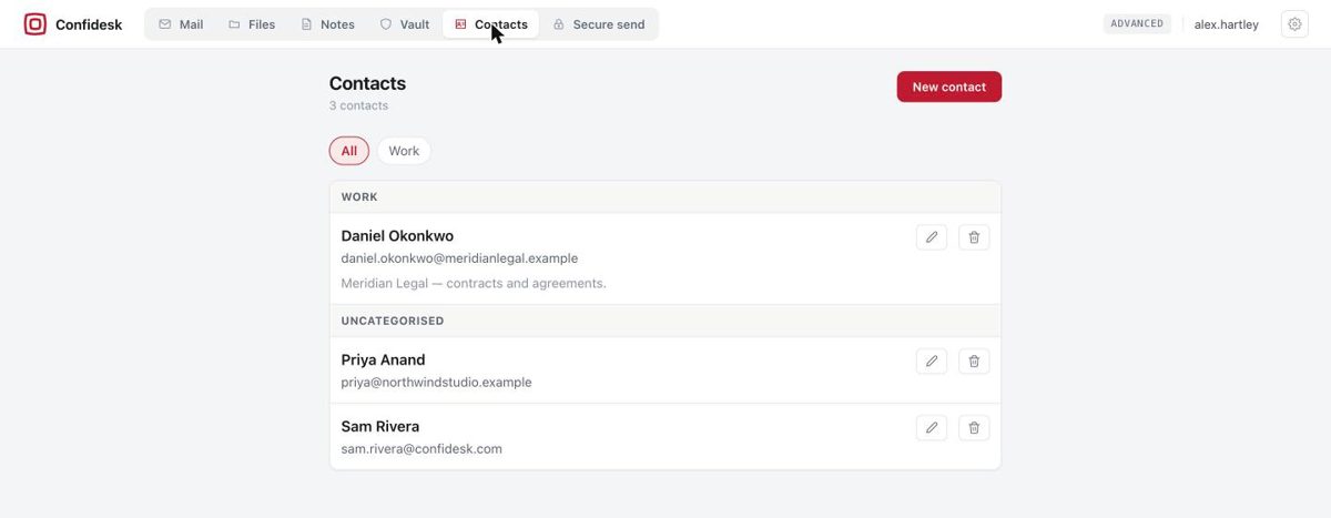 Confidesk Contacts list grouped by category with edit and delete actions