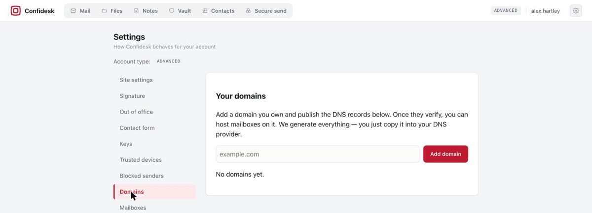 Settings Domains page with an Add domain field and explanation of DNS records