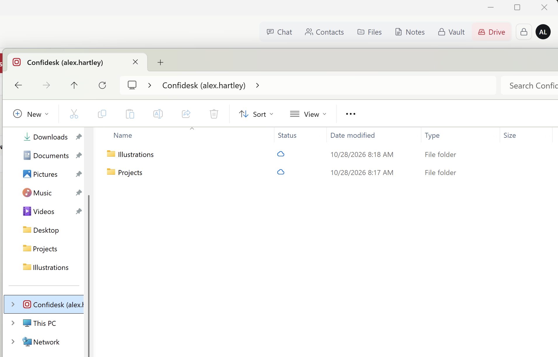 The Confidesk drive in Windows Explorer: the account appears in the sidebar as Confidesk (alex.hartley), with its Illustrations and Projects folders, and the Drive button lit in the Confidesk app behind it