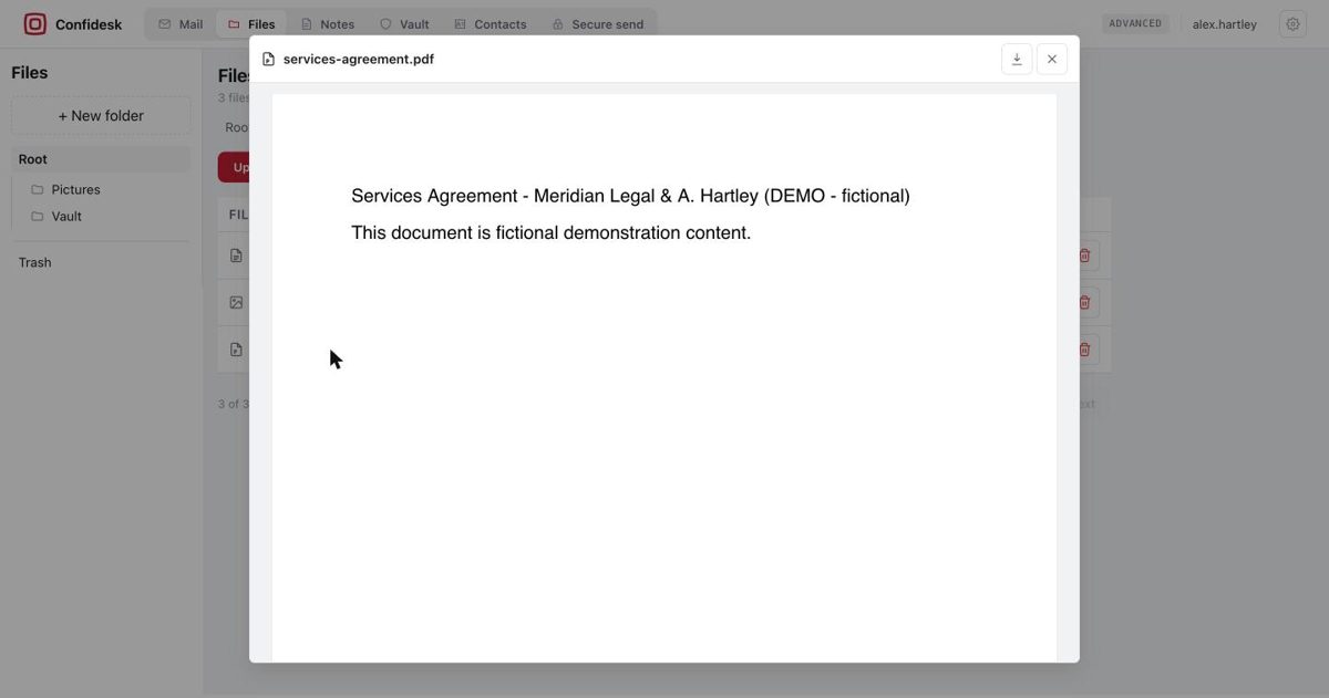 A PDF opened in Confidesk's in-app preview, decrypted in memory