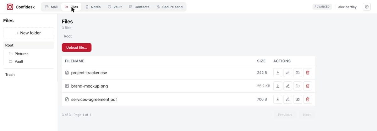 Confidesk Files list with folders on the left and download, rename, move and delete actions per file