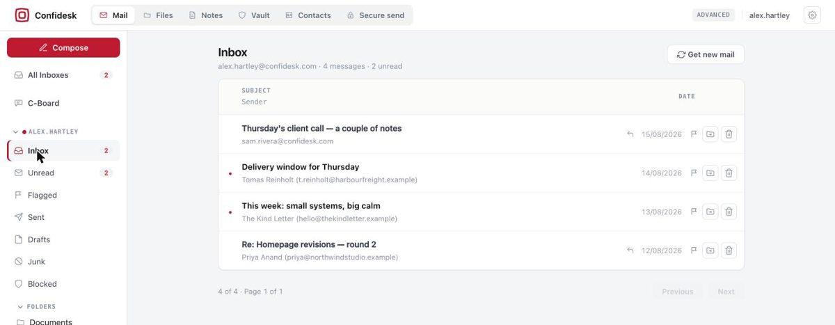 Confidesk inbox with four messages, unread dots, and flag, move and delete actions per row
