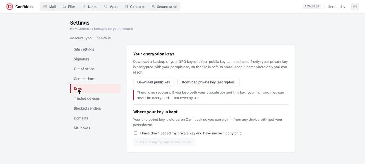 Settings Keys page with Download public key and Download private key (encrypted) buttons and the no-recovery warning