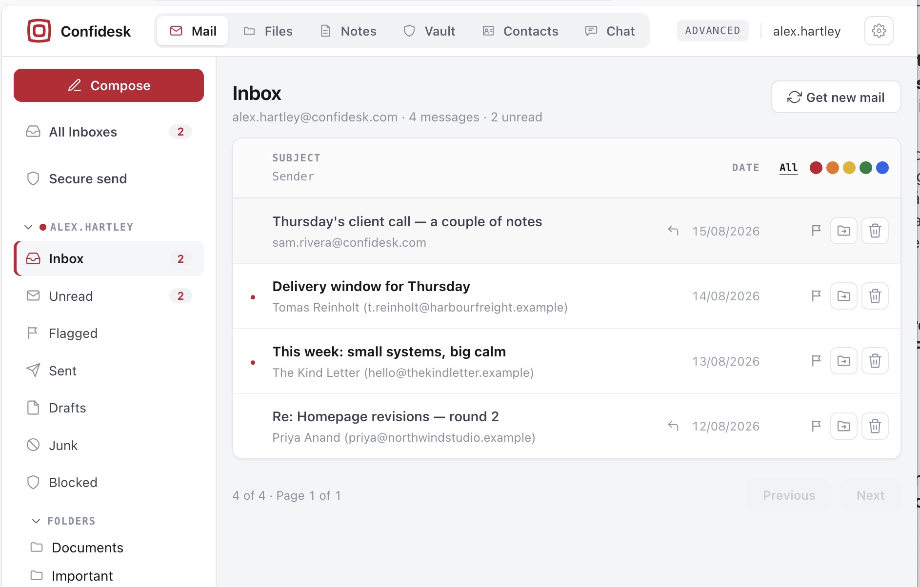 Confidesk inbox with unread dots, per-row flag, move and delete actions, and the flag colour filter in the list header