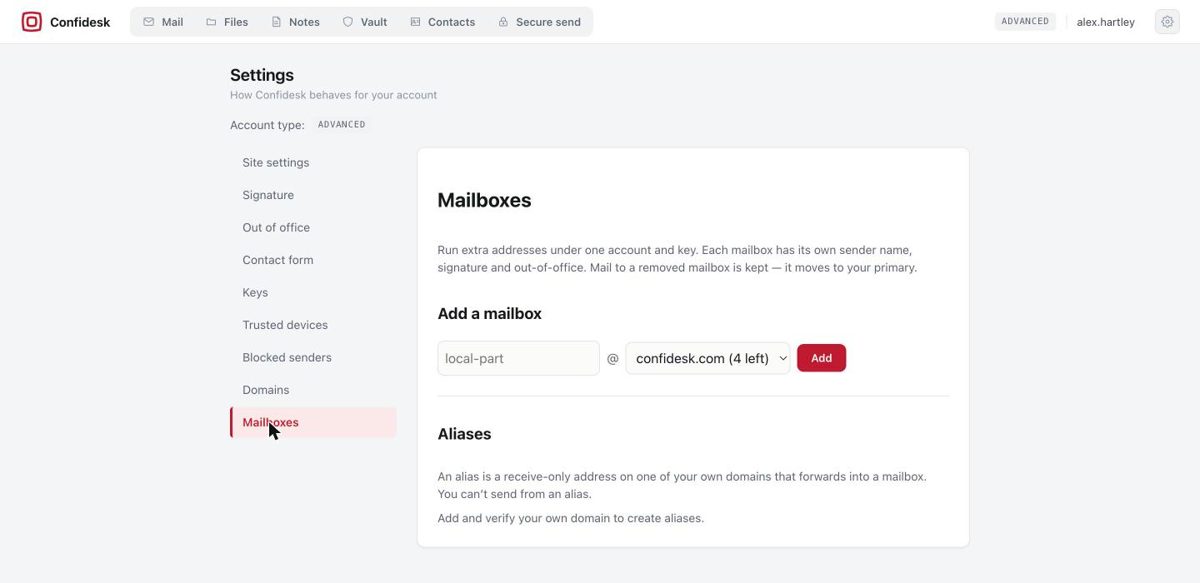 Settings Mailboxes page with Add a mailbox form and Aliases section