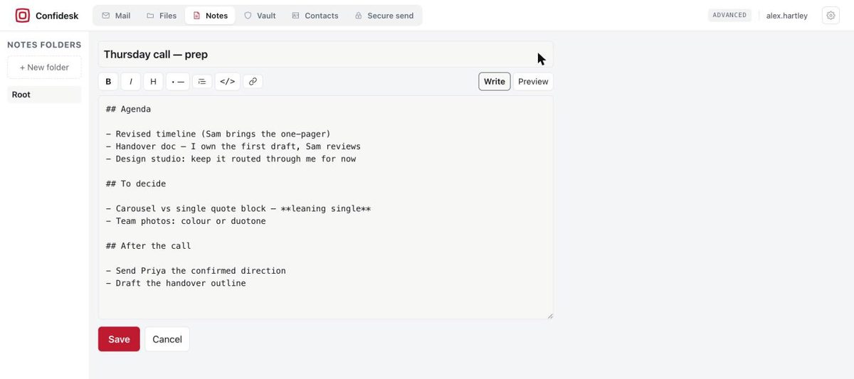 The Markdown editor for a note showing the formatting toolbar, Write/Preview toggle and Save button