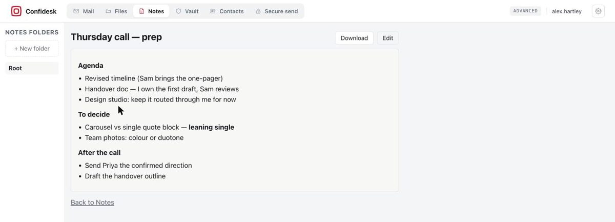 A rendered Markdown note in Confidesk with headings and bullet lists, and Download and Edit buttons