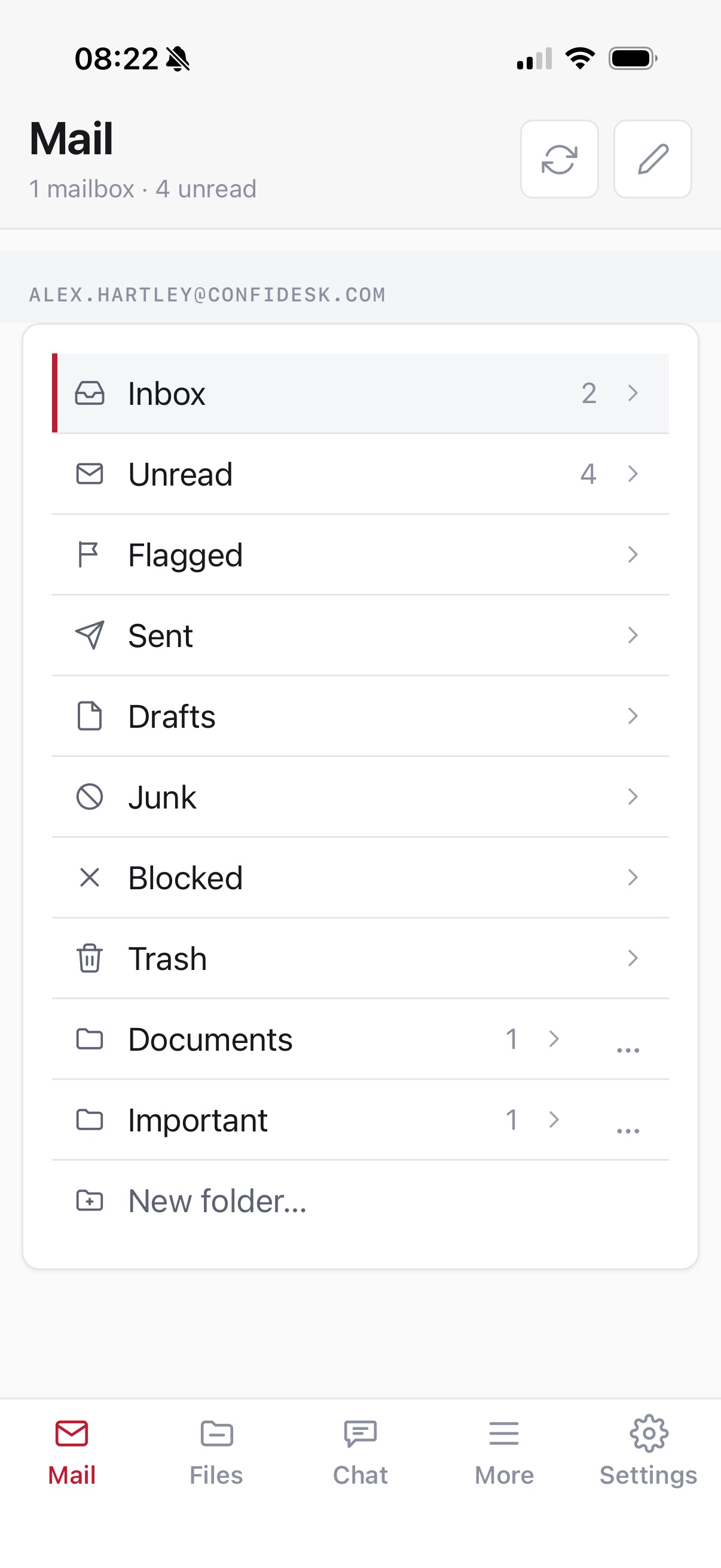 The Confidesk iPhone app's mail view with folders and unread counts