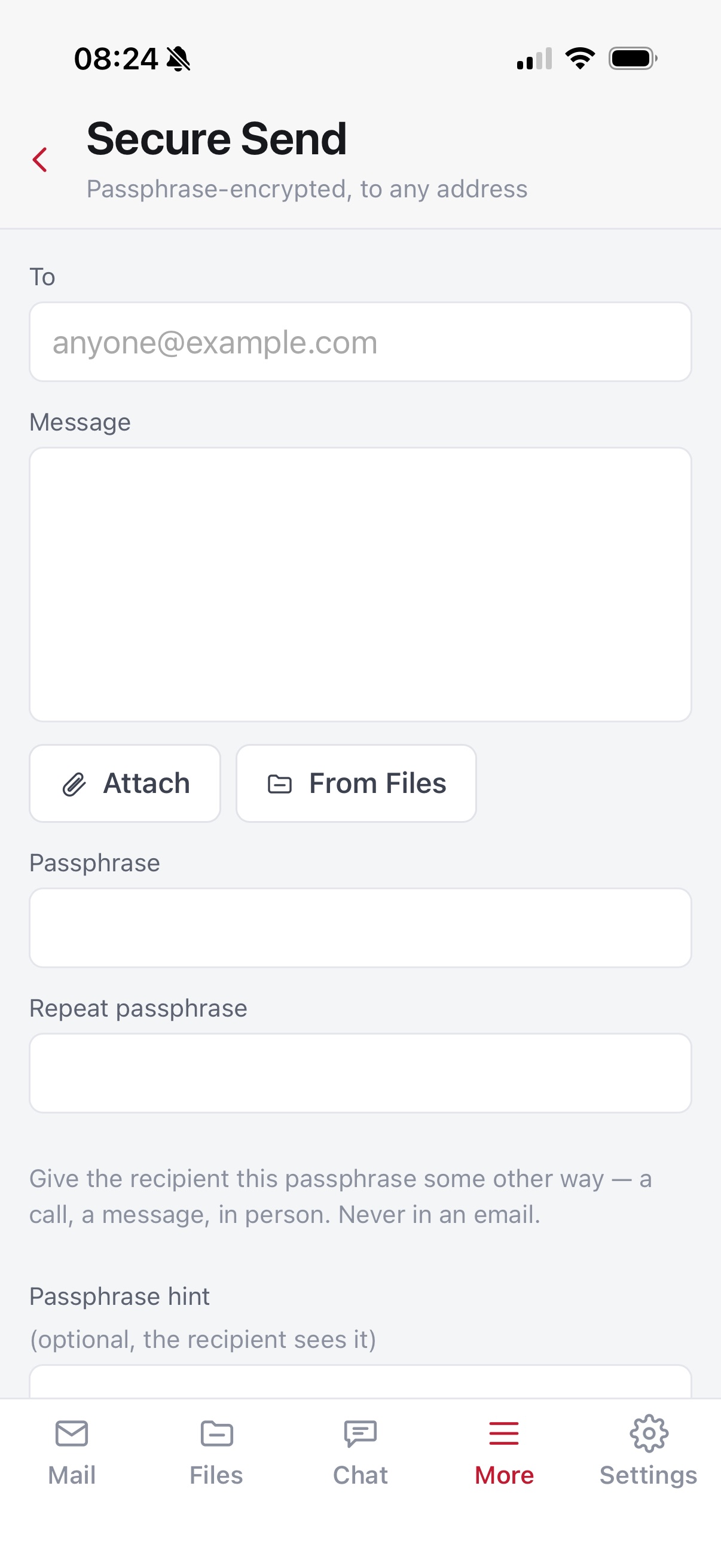 Secure send on the iPhone: recipient, message, attachments and passphrase fields