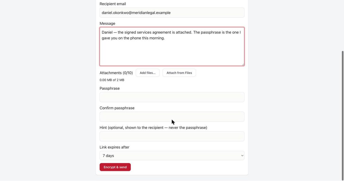 Secure send passphrase, confirmation, optional hint and link expiry fields with the Encrypt & send button