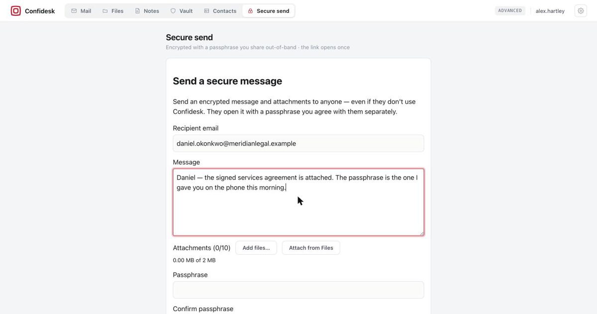 The Secure send form with recipient email, message and attachment options