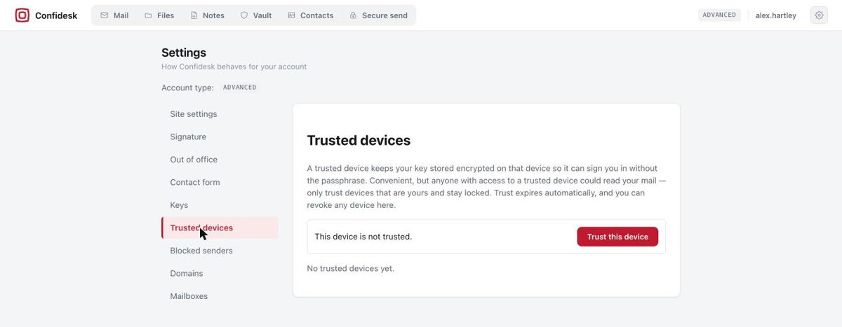 Trusted devices settings page explaining the trade-off, with a Trust this device button