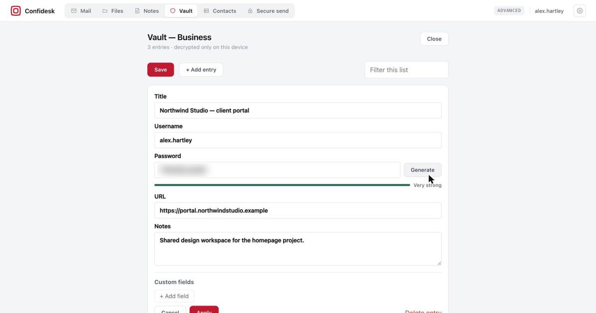 Editing a vault entry: title, username, generated password with strength meter, URL, notes and custom fields