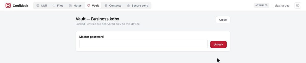 The locked vault screen asking for the master password, with the note that entries are decrypted only on this device