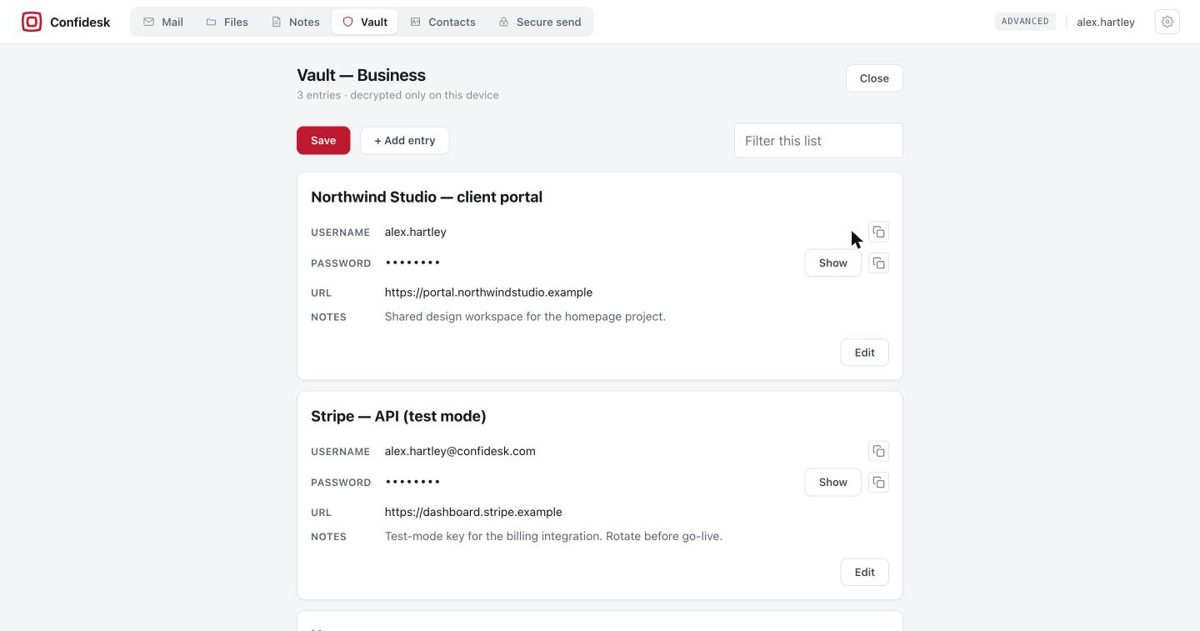 An unlocked vault listing entries with username, masked password, URL and notes, plus Show and Copy buttons